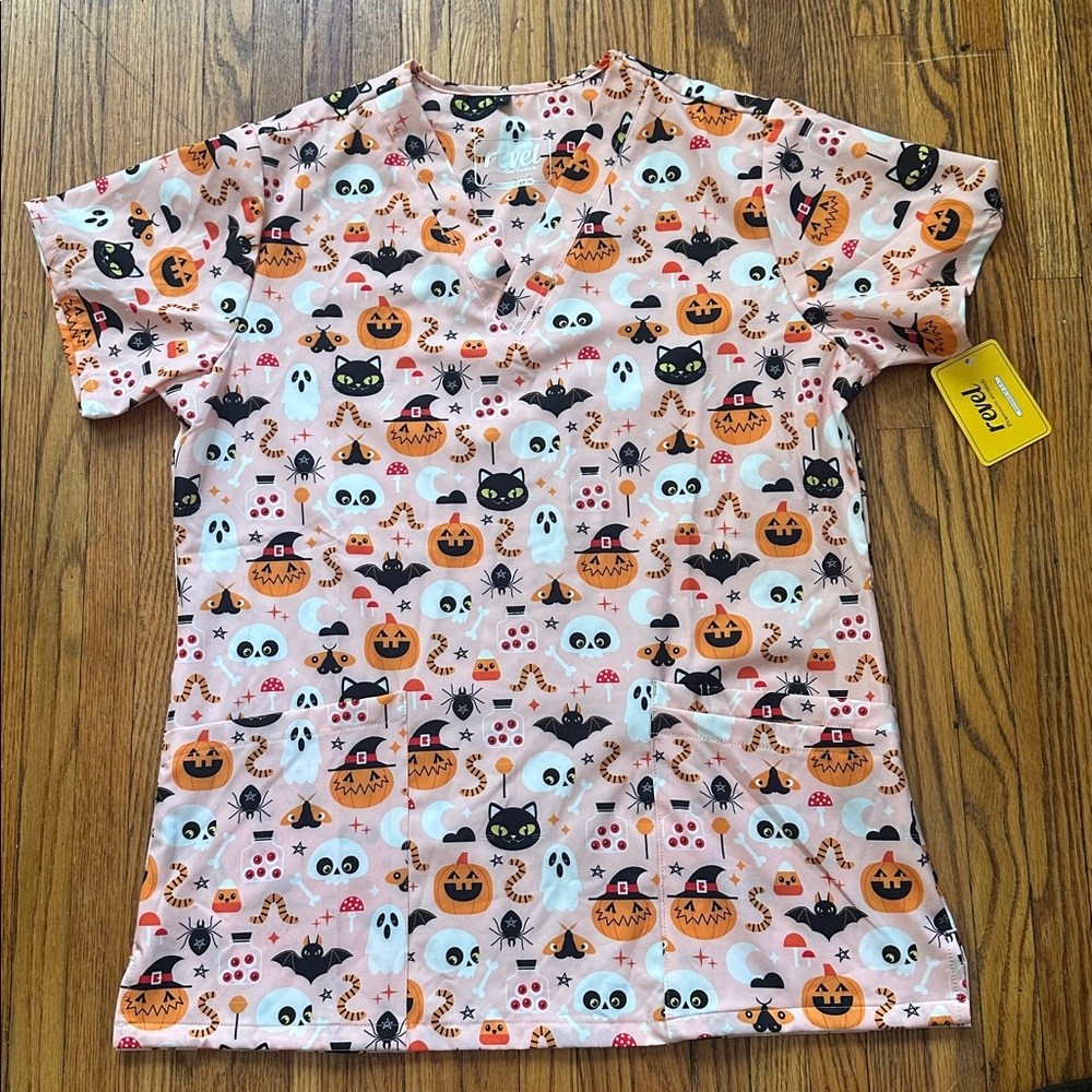 Halloween Themed Scrub Top with Pumpkins and Ghosts